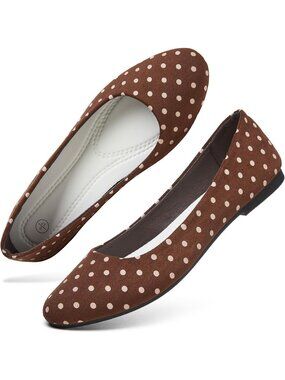 Women's Polka Dot Ballet Flats Brown White Slip On Comfortable Dress Shoes